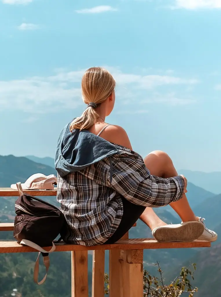 Travel. Girl travels through the mountains glamping, tents,waterfalls of wild nature. Unity, mental